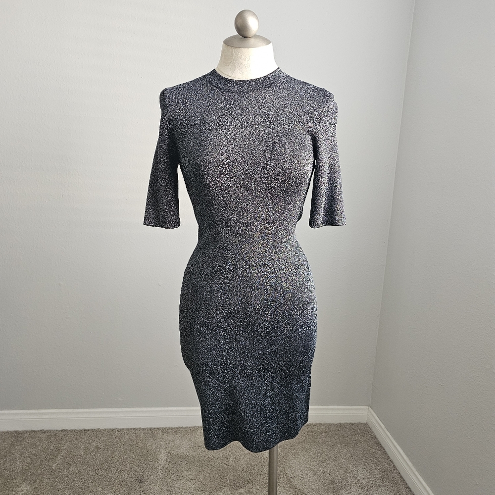 Reiss Lina Lurex Metallic Blue Black Body Con Party Dress 6 - Picture 3 of 9
